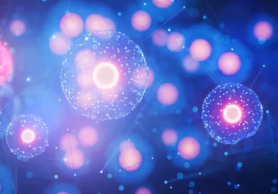 A conceptual image of cells is shown with a bright pink nucleus and points of light representing proteins in the cell.