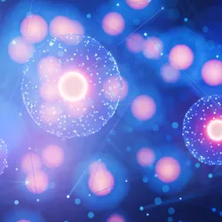 A conceptual image of cells is shown with a bright pink nucleus and points of light representing proteins in the cell. A conceptual image of cells is shown with a bright pink nucleus and points of light representing proteins in the cell.