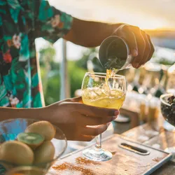 Bartender preparing a cocktail outdoors. Bartenders often suffer from margarita burns. Bartender preparing a cocktail outdoors. Bartenders often suffer from margarita burns.