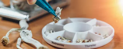 “Magic mushrooms”, containing psilocybin, are shown beside and inside of a daily pill container, indicating the potential for these compounds to be used as medicines. 