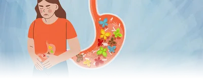 Image of a woman with her hands across her stomach. She has a look of discomfort on her face. There is a blown up image of her stomach next to her and it has colorful butterflies and gut bacteria all swarming within the gut. Image of a woman with her hands across her stomach. She has a look of discomfort on her face. There is a blown up image of her stomach next to her and it has colorful butterflies and gut bacteria all swarming within the gut.