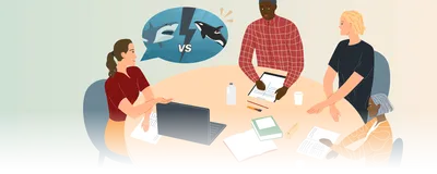 Illustration of four people seated at a table with pads of paper and laptop on it. A woman on the left of the table in a red shirt, depicting senior staff writer Emma Dauster, has a speech bubble over her head with a picture depicting a shark and orca with “vs” in between them, showing an idea for a video on battles between apex predators. Illustration of four people seated at a table with pads of paper and laptop on it. A woman on the left of the table in a red shirt, depicting senior staff writer Emma Dauster, has a speech bubble over her head with a picture depicting a shark and orca with “vs” in between them, showing an idea for a video on battles between apex predators.