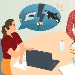 Illustration of four people seated at a table with pads of paper and laptop on it. A woman on the left of the table in a red shirt, depicting senior staff writer Emma Dauster, has a speech bubble over her head with a picture depicting a shark and orca with “vs” in between them, showing an idea for a video on battles between apex predators. 