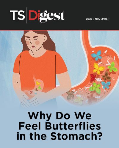 Image of a woman with her hands across her stomach. She has a look of discomfort on her face. There is a blown up image of her stomach next to her and it has colorful butterflies and gut bacteria all swarming within the gut. Image of a woman with her hands across her stomach. She has a look of discomfort on her face. There is a blown up image of her stomach next to her and it has colorful butterflies and gut bacteria all swarming within the gut.