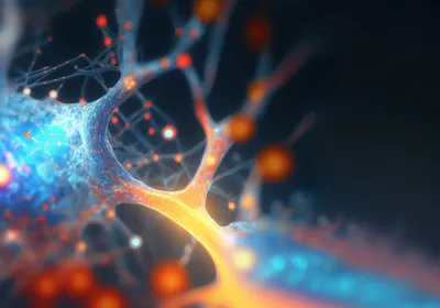 An image of a neuron with a section of the axon glowing orange-red. An image of a neuron with a section of the axon glowing orange-red.