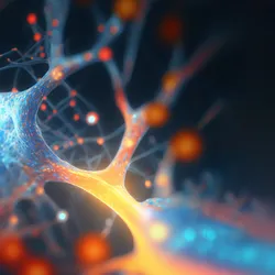 An image of a neuron with a section of the axon glowing orange-red.