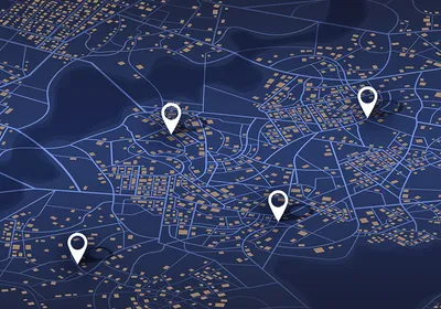 A map showing multiple GPS pins scattered among intersecting road lines and yellow squares. The image is a metaphor for spatial biology techniques. A map showing multiple GPS pins scattered among intersecting road lines and yellow squares. The image is a metaphor for spatial biology techniques.