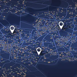 A map showing multiple GPS pins scattered among intersecting road lines and yellow squares. The image is a metaphor for spatial biology techniques. A map showing multiple GPS pins scattered among intersecting road lines and yellow squares. The image is a metaphor for spatial biology techniques.