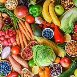 Colorful fruits and vegetables photographed from above.