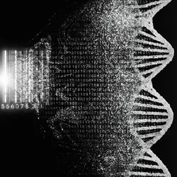 A black-and-white image depicting a barcode (left) transitioning into the DNA double helix (right), representing how microbiologist Cesar de la Fuente looks for encrypted peptides in genomes. A black-and-white image depicting a barcode (left) transitioning into the DNA double helix (right), representing how microbiologist Cesar de la Fuente looks for encrypted peptides in genomes.