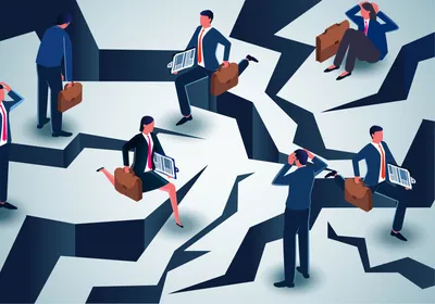 Vector illustration of several cartoon people in business attire leaping over and stranded by several cracks in the ground, illustrating the obstacles faced by early career researchers by recent funding and career development changes at the NIH. Vector illustration of several cartoon people in business attire leaping over and stranded by several cracks in the ground, illustrating the obstacles faced by early career researchers by recent funding and career development changes at the NIH.