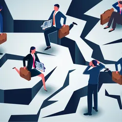 Vector illustration of several cartoon people in business attire leaping over and stranded by several cracks in the ground, illustrating the obstacles faced by early career researchers by recent funding and career development changes at the NIH. Vector illustration of several cartoon people in business attire leaping over and stranded by several cracks in the ground, illustrating the obstacles faced by early career researchers by recent funding and career development changes at the NIH.