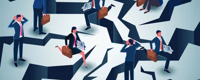 Vector illustration of several cartoon people in business attire leaping over and stranded by several cracks in the ground, illustrating the obstacles faced by early career researchers by recent funding and career development changes at the NIH. 