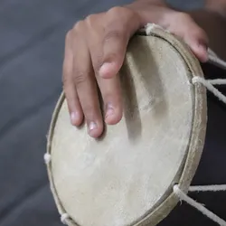 Fingers on a person’s right hand tap on a drum, symbolizing how people’s brains synchronize their movements to musical rhythm.
