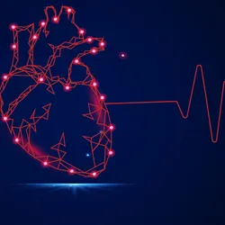 Image of a red vector heart against a dark blue background.