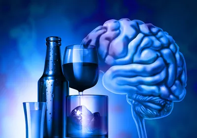 Illustration in blue of a brain on the right and a bottle, glass of wine, shot glass, and whiskey glass on the right. Conceptual illustration of alcohol use disorder. Illustration in blue of a brain on the right and a bottle, glass of wine, shot glass, and whiskey glass on the right. Conceptual illustration of alcohol use disorder.
