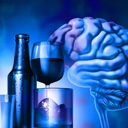 Illustration in blue of a brain on the right and a bottle, glass of wine, shot glass, and whiskey glass on the right. Conceptual illustration of alcohol use disorder. 