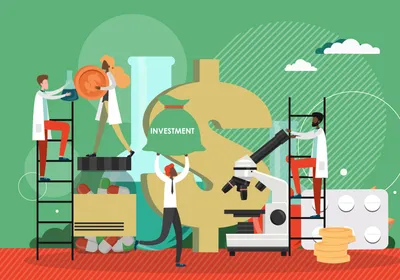 Scientists stand on ladders and around microscopes embodying raising funds for biotech and pharma research. Scientists stand on ladders and around microscopes embodying raising funds for biotech and pharma research.