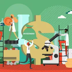 Scientists stand on ladders and around microscopes embodying raising funds for biotech and pharma research.