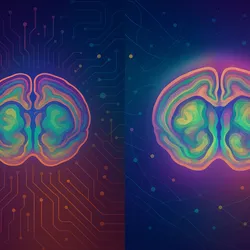 AI-produced rendering of mouse brain regionalization overlaid with network motifs, symbolizing the fusion of artificial intelligence and neuroanatomical discovery.