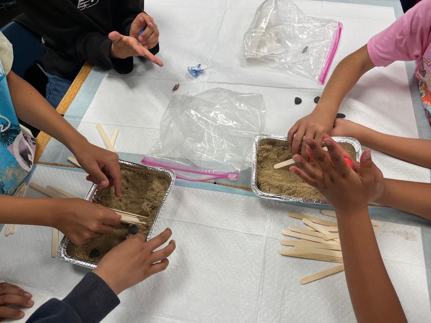 Photo showing five children’s hands working to build a model of a beaver dam out of sand, popsicle sticks, and putty in disposable aluminum tins. Photo showing five children’s hands working to build a model of a beaver dam out of sand, popsicle sticks, and putty in disposable aluminum tins.