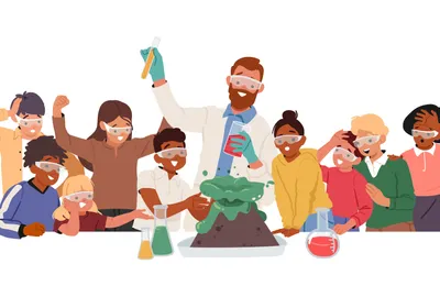 Cartoon illustration of a scientist wearing a lab coat and safety goggles shows off the science of a volcano to a group of students wearing safety goggles standing on either side of him Cartoon illustration of a scientist wearing a lab coat and safety goggles shows off the science of a volcano to a group of students wearing safety goggles standing on either side of him