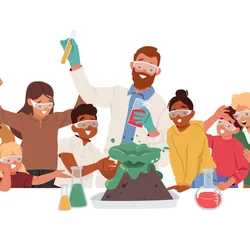 Cartoon illustration of a scientist wearing a lab coat and safety goggles shows off the science of a volcano to a group of students wearing safety goggles standing on either side of him