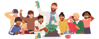 Cartoon illustration of a scientist wearing a lab coat and safety goggles shows off the science of a volcano to a group of students wearing safety goggles standing on either side of him Cartoon illustration of a scientist wearing a lab coat and safety goggles shows off the science of a volcano to a group of students wearing safety goggles standing on either side of him