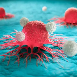 Image of pink cancer cells attacked by white blood cells.
