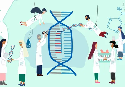 Graphic representing a team of scientists, clinicians, and drug manufacturers working together to build a CRISPR therapy