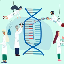 Graphic representing a team of scientists, clinicians, and drug manufacturers working together to build a CRISPR therapy