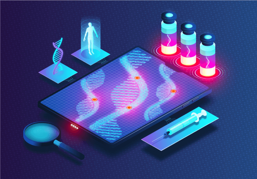 Image depicting different portions of a CRISPR therapy, including DNA with mutations highlighted, a needle, vials of therapeutic, and a magnifying glass Image depicting different portions of a CRISPR therapy, including DNA with mutations highlighted, a needle, vials of therapeutic, and a magnifying glass
