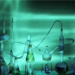 Lab equipment sits on a lab bench, bathed in eerie green light, giving it a spooky glow. Lab equipment sits on a lab bench, bathed in eerie green light, giving it a spooky glow.