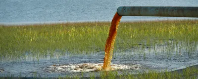 Brightly colored water, representing chemical waste contamination by PFAS, drains into a natural body of water. Brightly colored water, representing chemical waste contamination by PFAS, drains into a natural body of water.