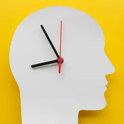 Depiction of circadian rhythm with clock hands on top of a white cutout of a human head on a yellow background. 