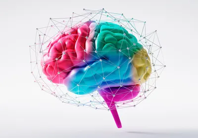 A multi-colored brain surrounded by a network of inter-connected dots A multi-colored brain surrounded by a network of inter-connected dots