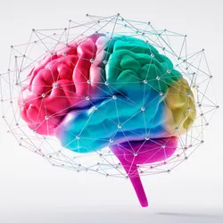 A multi-colored brain surrounded by a network of inter-connected dots
