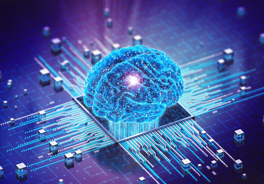Digital glowing brain on a microchip, symbolizing the intersection of AI and neuroscience