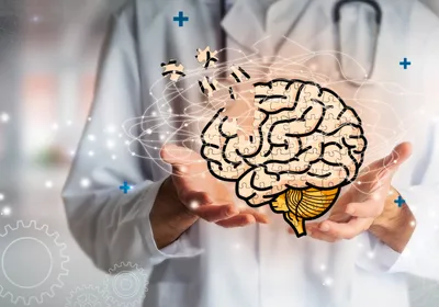 Conceptual image of a doctor holding a brain puzzle, representing Alzheimer's disease diagnosis.