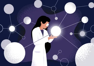 A scientist interacting with a node in an interconnected artificial neural network A scientist interacting with a node in an interconnected artificial neural network