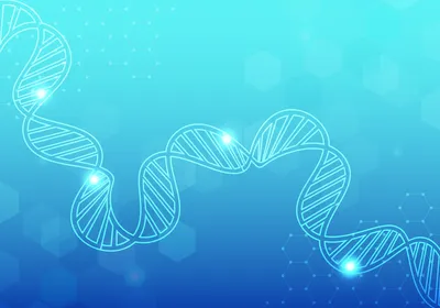 A twisted DNA double helix on a blue background A twisted DNA double helix on a blue background