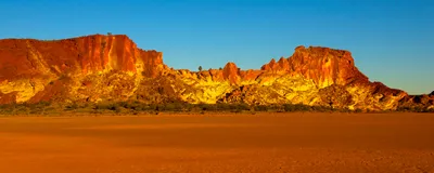 A landscape shot of Rainbow Valley, southwest of Alice Springs, in Australia’s Northern Territory. Spectacular red and yellow cliffs sit behind a stretch of red ground.