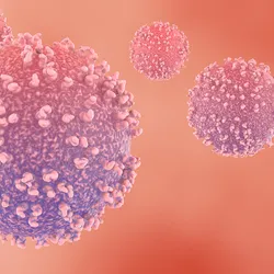 Image of lymphocytes against a pink-ish background.