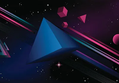 Futuristic 3D pyramid and geometric shapes floating in a cosmic scene representing spatial dimensions