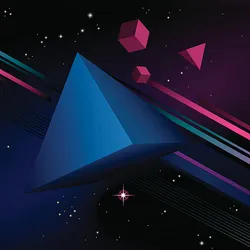 Futuristic 3D pyramid and geometric shapes floating in a cosmic scene representing spatial dimensions