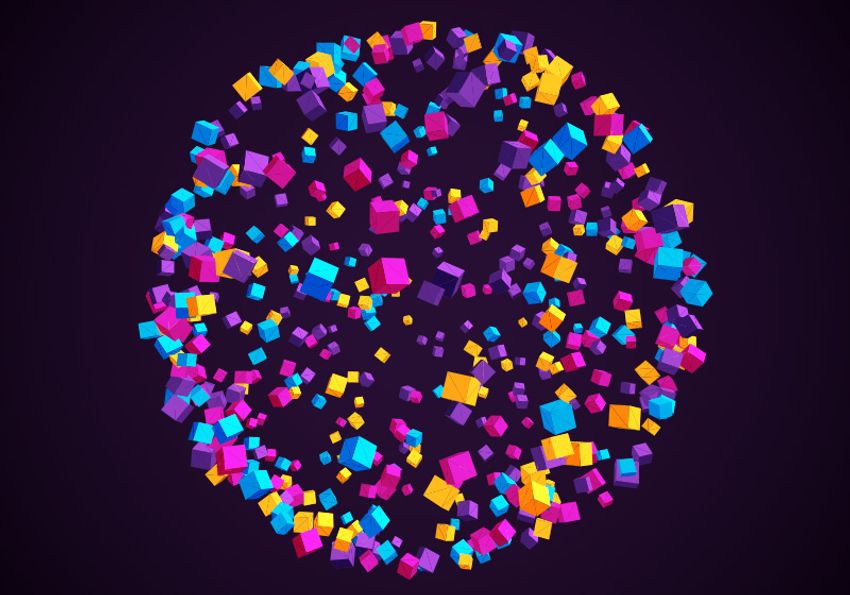 A cluster of 3D blocks in various colors, representing 3D multiomic data derived from tissue