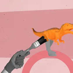 A paintbrush with orange paint colors a grey dinosaur on a pink background, representing researchers’ efforts to reconstruct dinosaur colors in the past decade.