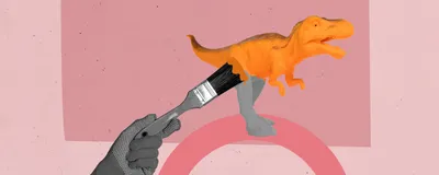 A paintbrush with orange paint colors a grey dinosaur on a pink background, representing researchers’ efforts to reconstruct dinosaur colors in the past decade.