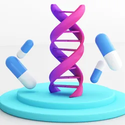 Rendered images of pharmaceutical pills surrounding a double-helix meant to represent DNA.