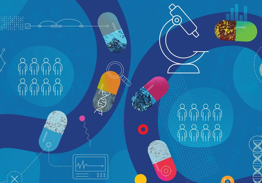 Colorful drug capsules, a microscope, DNA, and chemical structures on a blue background, representing the different aspects of molecular diagnostics.